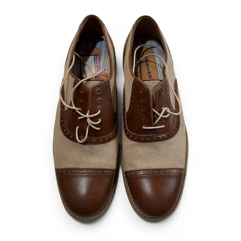 Johnston & Murphy Two Tone Cap Toe Oxford Shoes Men 9.5 M Tan Leather Canvas New